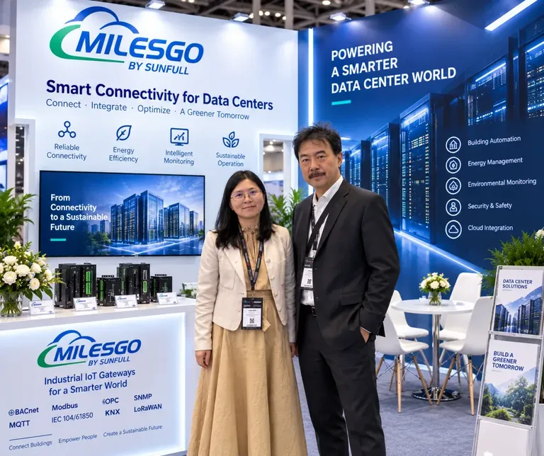 شخصان في جناح MILESGO by Sunfull بشعار “Smart Connectivity for Data Centers”، مع وحدات تحكم معروضة وبروتوكولات BACnet وModbus وOPC وSNMP وMQTT وKNX وLoRaWAN.
