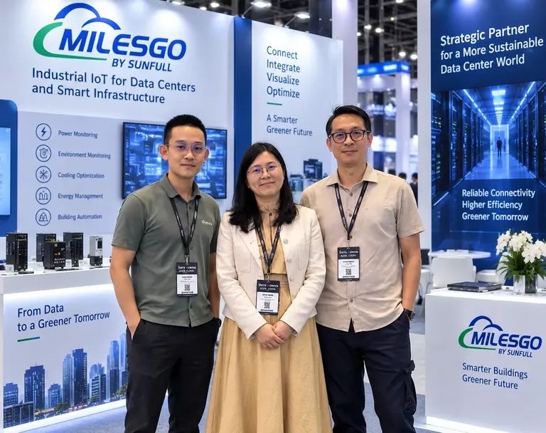 ثلاثة أشخاص في جناح MILESGO by Sunfull بشعار “Industrial IoT for Data Centers and Smart Infrastructure”، مع بوابات معروضة.