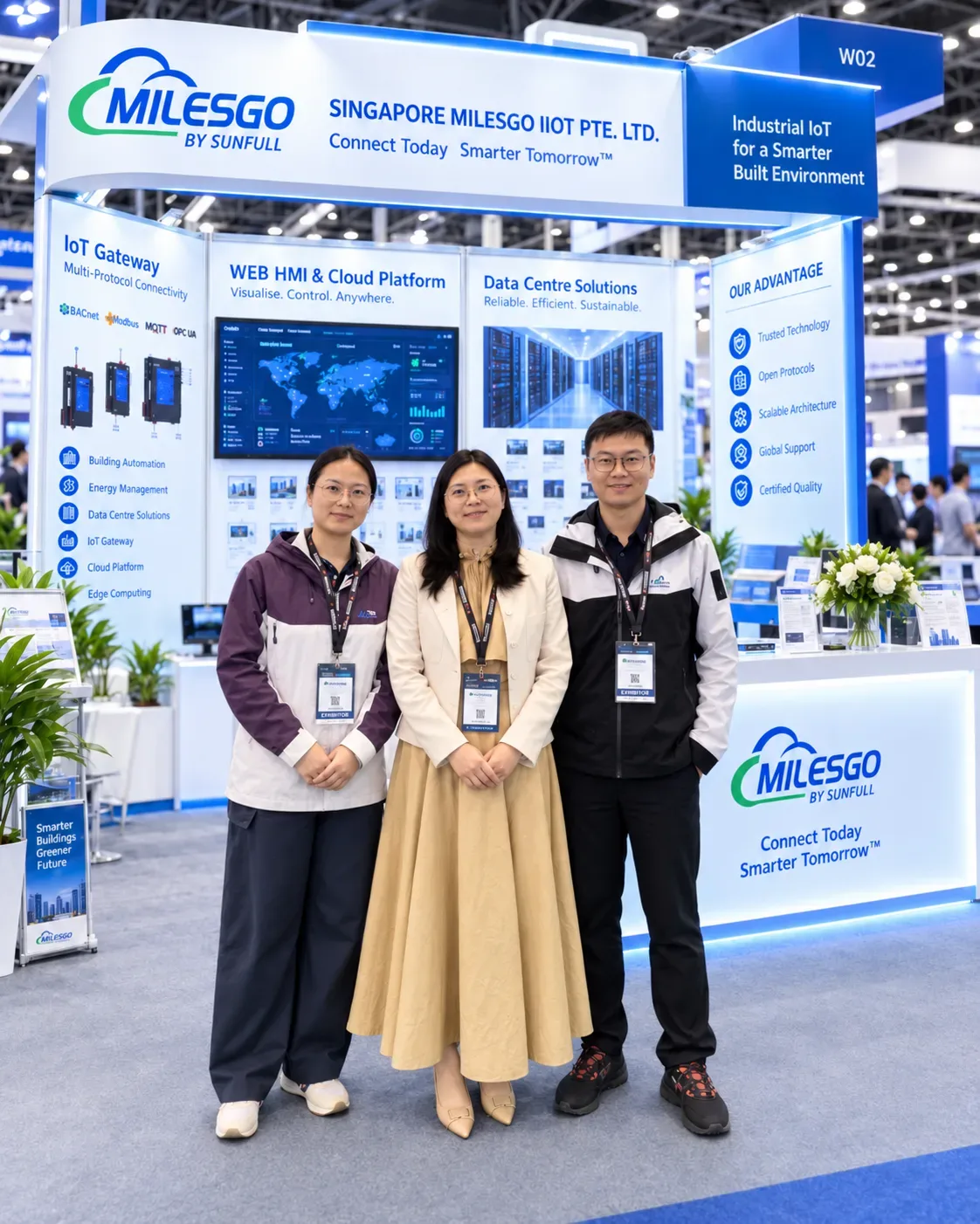 ثلاثة من أعضاء فريق MILESGO في جناح Singapore Milesgo IIoT Pte. Ltd. رقم W02، أمام لوحات بوابات إنترنت الأشياء وWeb HMI والمنصة السحابية وحلول مراكز البيانات.