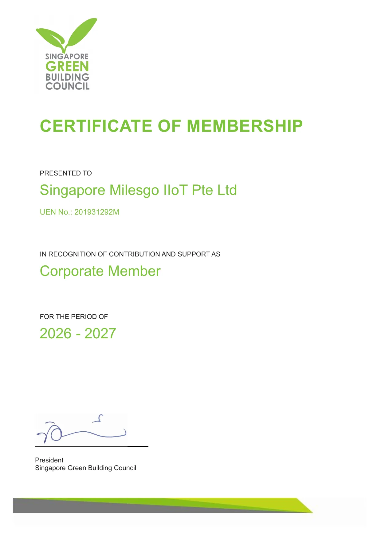 Singapore Green Building Council Certificate of Membership presented to Singapore Milesgo IIoT Pte Ltd, UEN 201931292M, as Corporate Member for 2026 to 2027.