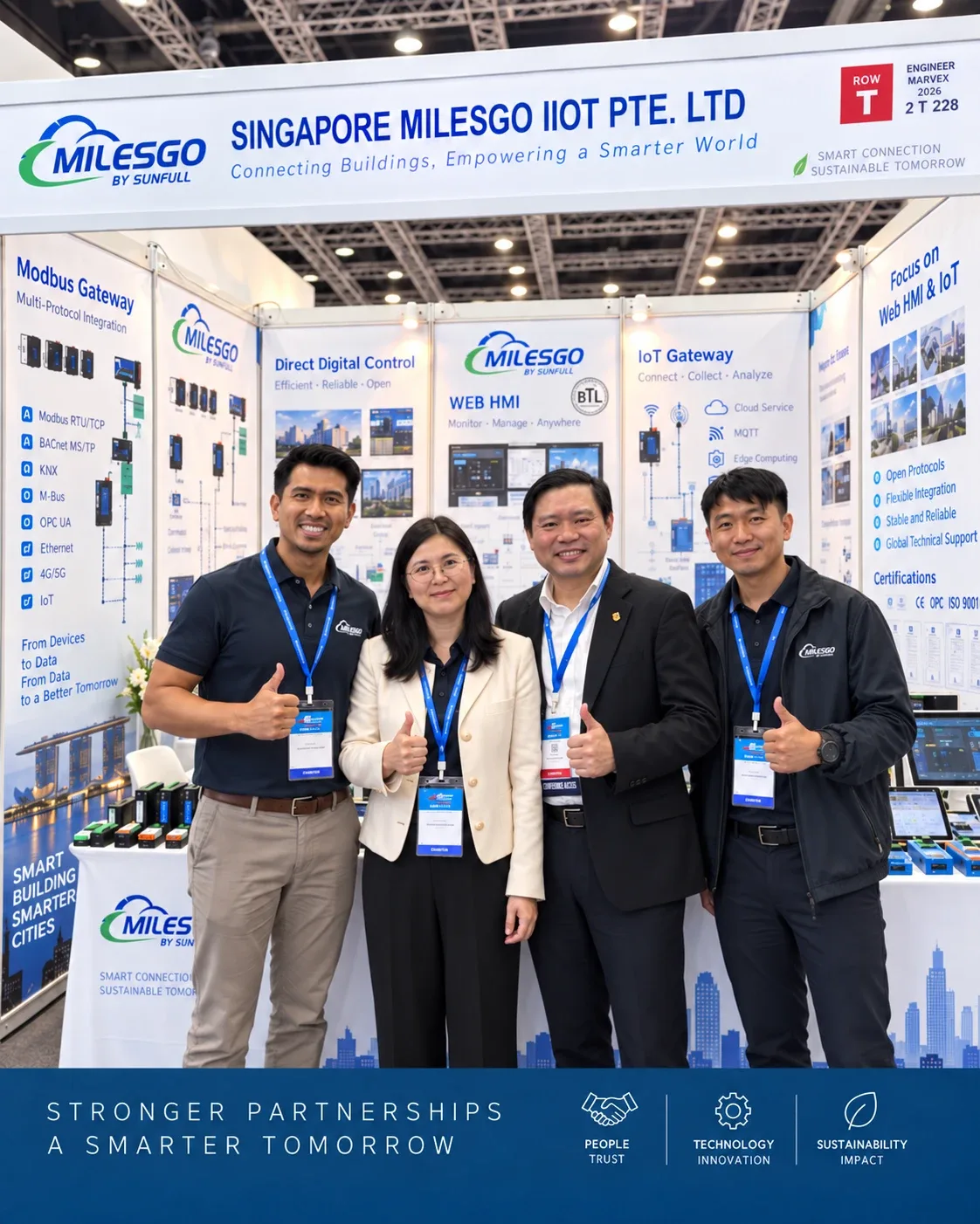 The MILESGO team at the MILESGO by Sunfull exhibition booth, in front of displays for Modbus gateways, Web HMI and IoT gateways.